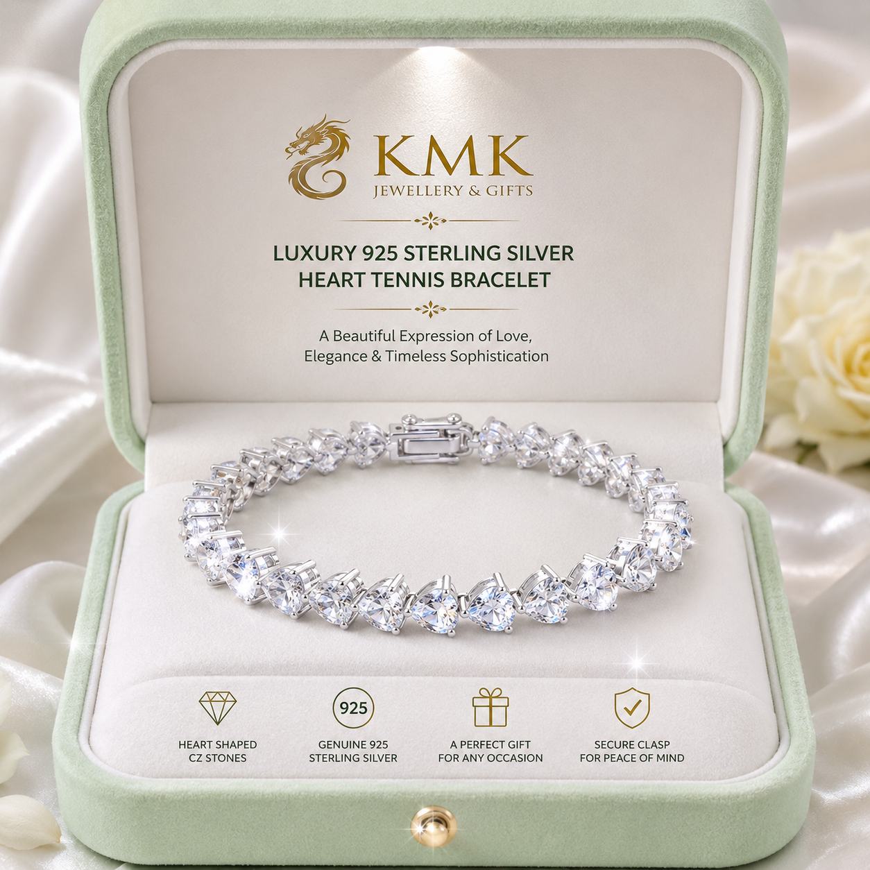 Luxury Bracelet 925 Sterling Silver Heart Tennis Bracelet CZ Heart Bracelet for Woman