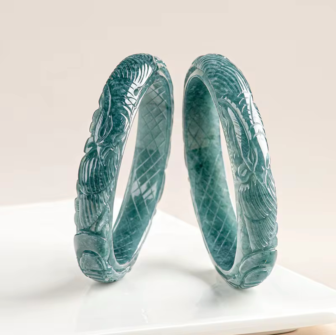 Natural Jadeite Bluewater Three-dimensional Carved Phoenix Bracelet - Image 3