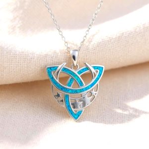 Celtic Knot Moon Goddess Cross Irish Pendant Shamrock Ocean Blue Opal Pendant Necklace