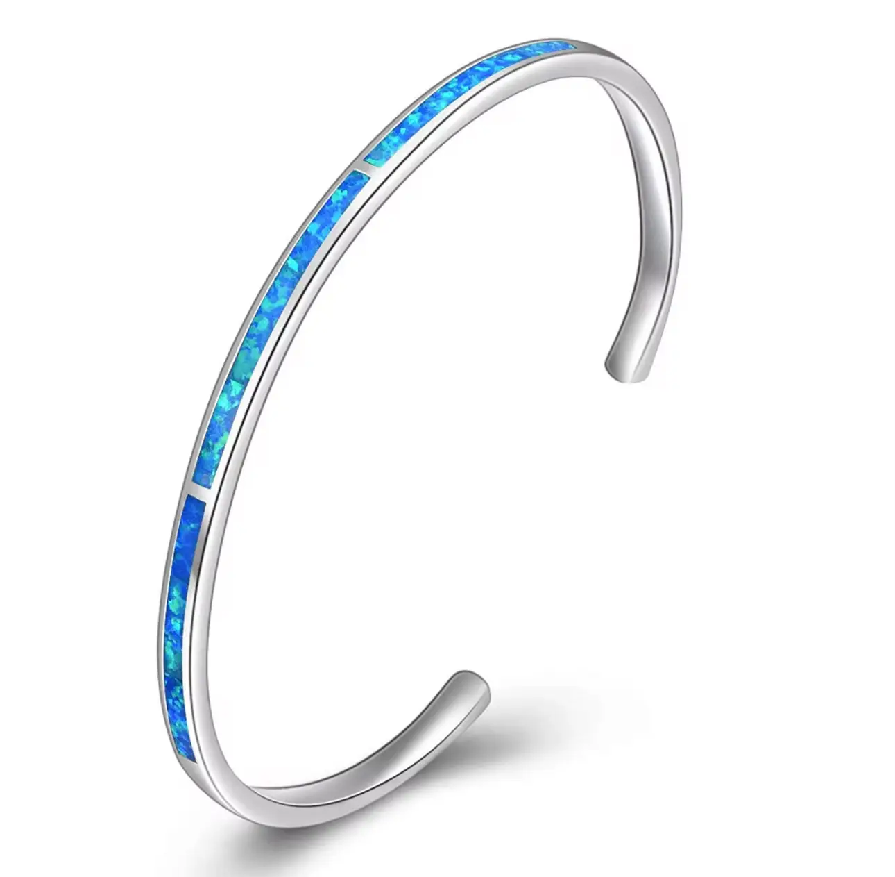 Fine Jewelry 925 Sterling Silver High Quality Clear and Blue Opal Cuff Bracelets Open Bangle - Image 10
