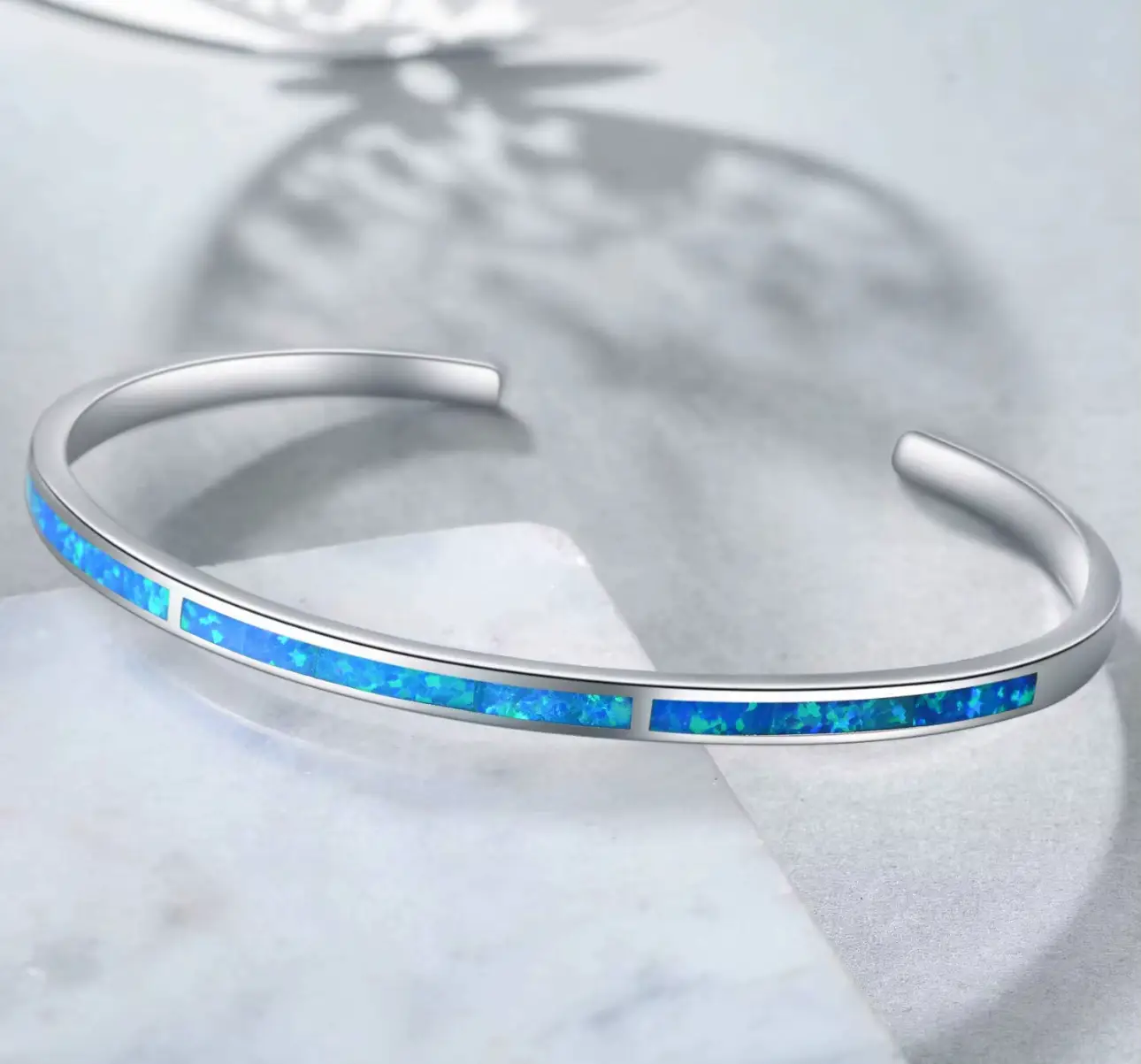 Fine Jewelry 925 Sterling Silver High Quality Clear and Blue Opal Cuff Bracelets Open Bangle - Image 12
