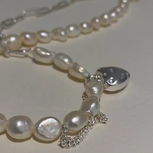 925 Sterling Silver Love Heart Baroque Pearl Bracelets Chain Choker Necklace for Women