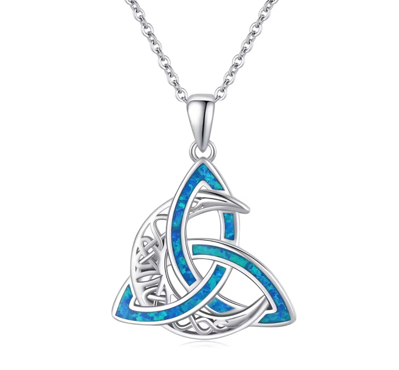 925 Sterling Silver Celtic Knot Moon Goddess Cross Irish Ocean Blue and Black Opal Pendant Necklace - Image 6
