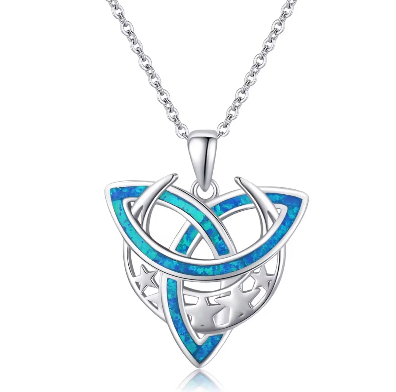 925 Sterling Silver Celtic Knot Moon Goddess Cross Irish Ocean Blue and Black Opal Pendant Necklace - Image 5