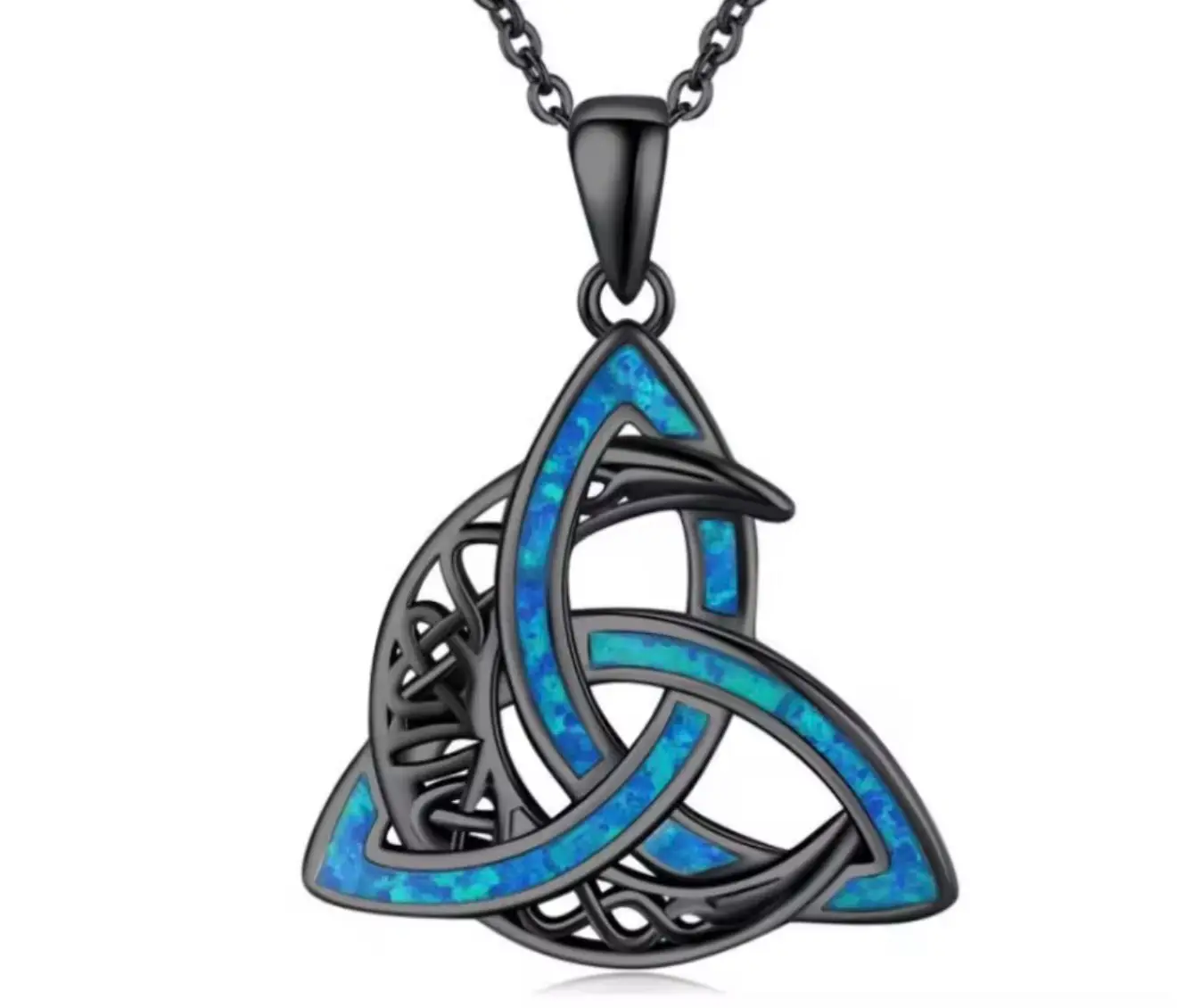 925 Sterling Silver Celtic Knot Moon Goddess Cross Irish Ocean Blue and Black Opal Pendant Necklace - Image 7