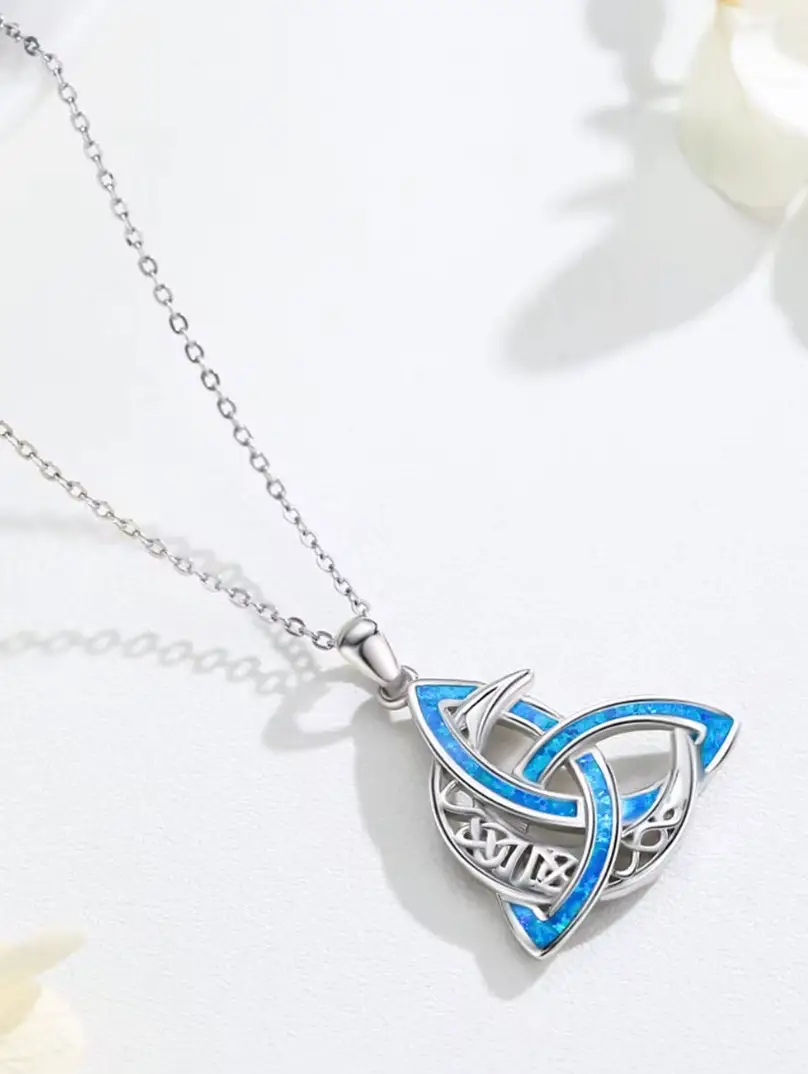 925 Sterling Silver Celtic Knot Moon Goddess Cross Irish Ocean Blue and Black Opal Pendant Necklace - Image 8
