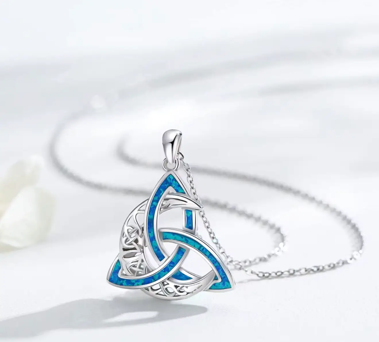 925 Sterling Silver Celtic Knot Moon Goddess Cross Irish Ocean Blue and Black Opal Pendant Necklace - Image 9