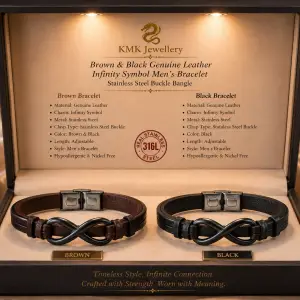 Men's Infinity Charm Stainless Steel Bracelet Genuine Leather