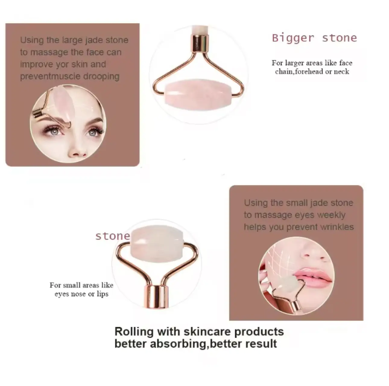 Natural Rose Quarts and White Jade Double Head Massage Roller for Face Beauty - Image 12
