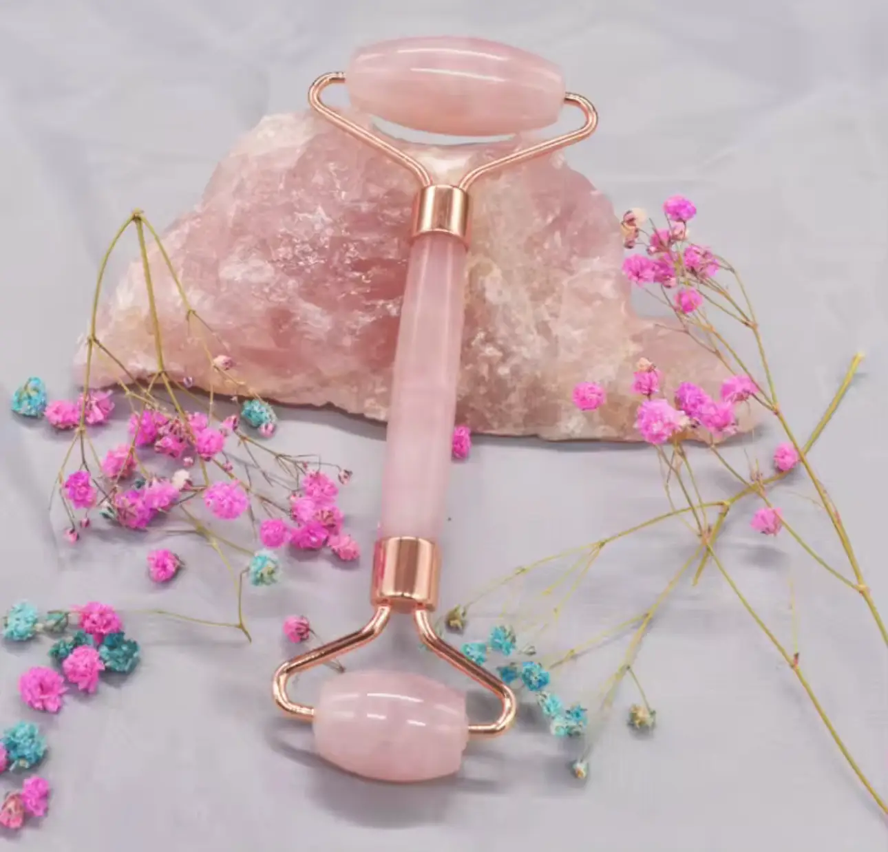 Natural Rose Quarts and White Jade Double Head Massage Roller for Face Beauty