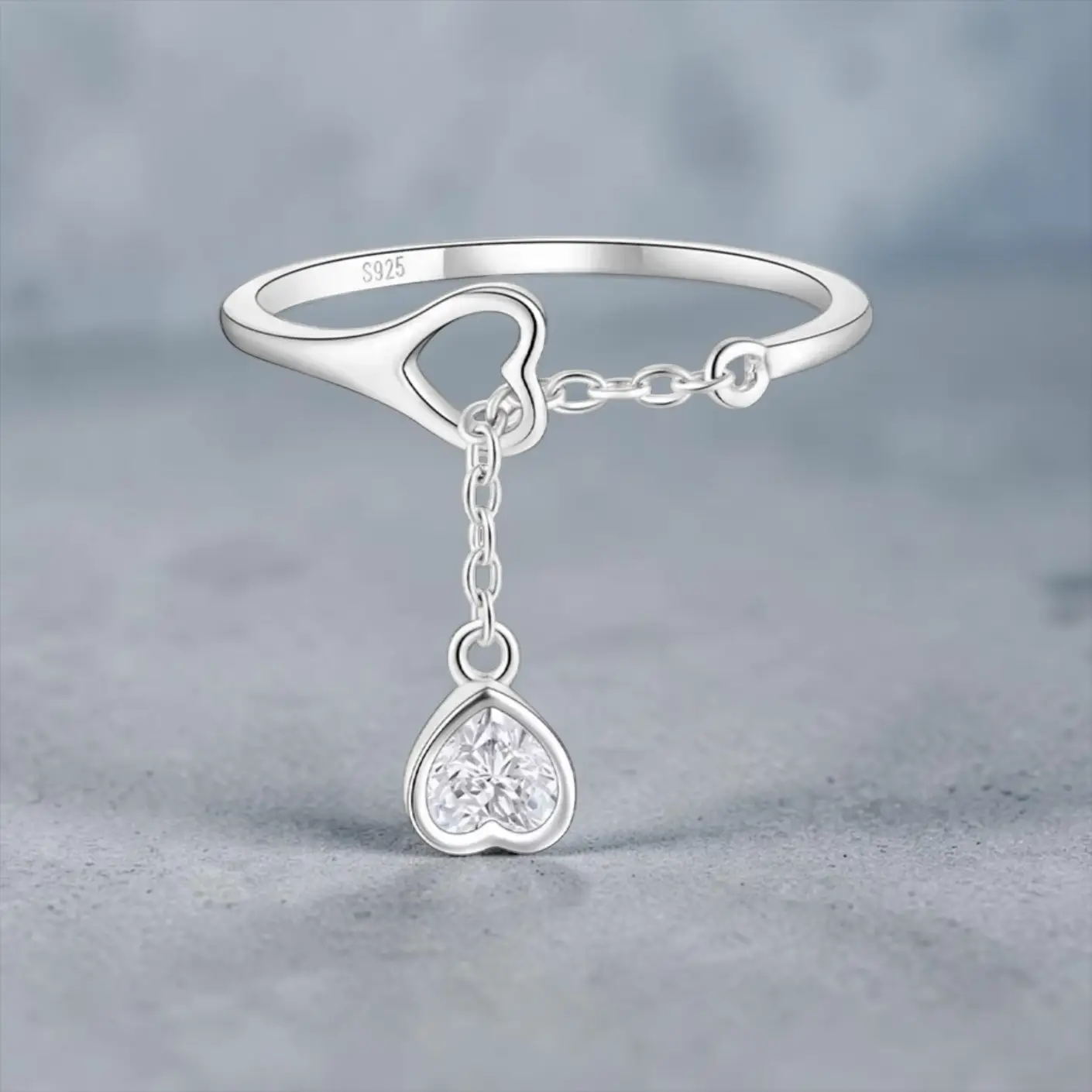 S925 Sterling Silver Adjustable Chain Ring with Heart Design - Image 5