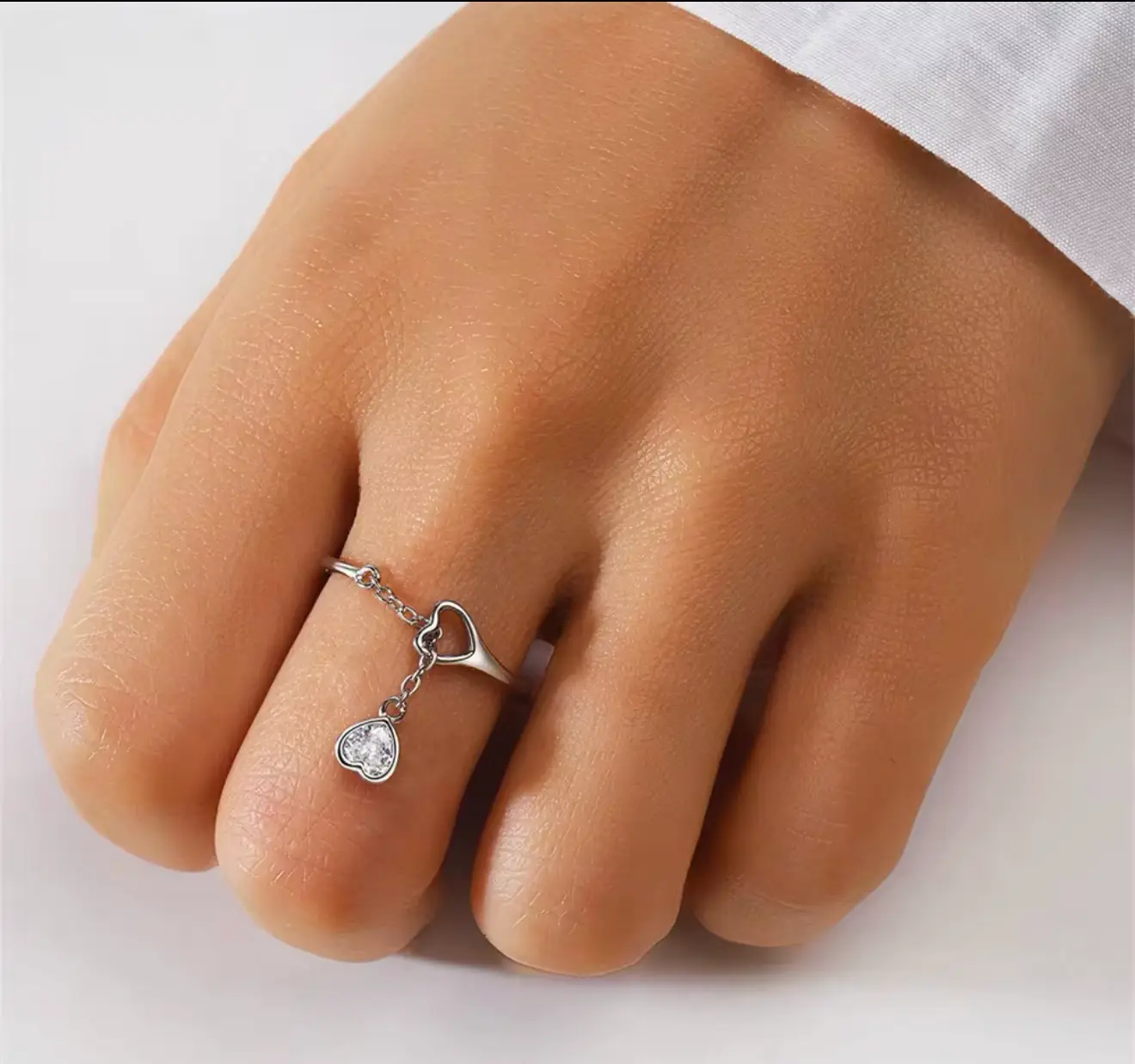 S925 Sterling Silver Adjustable Chain Ring with Heart Design - Image 6