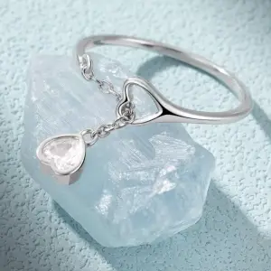 S925 Sterling Silver Adjustable Chain Ring with Heart Design