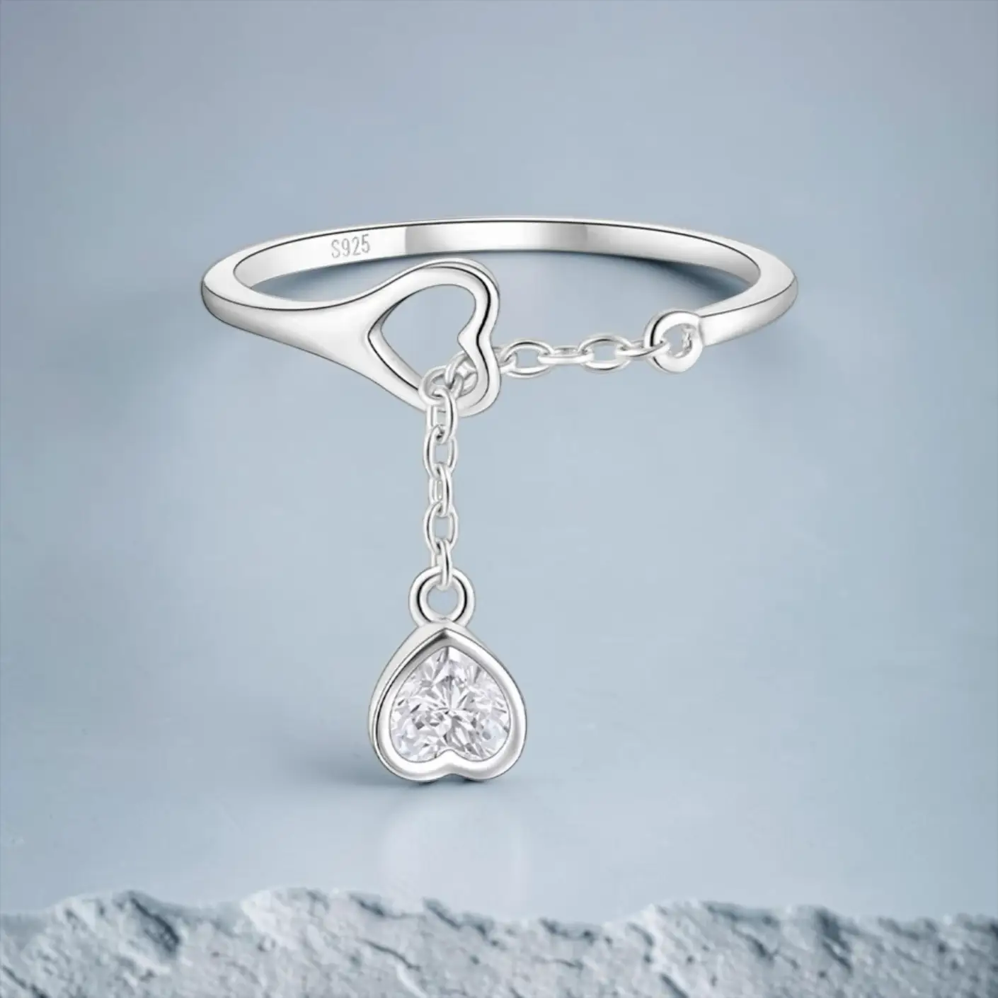 S925 Sterling Silver Adjustable Chain Ring with Heart Design - Image 8