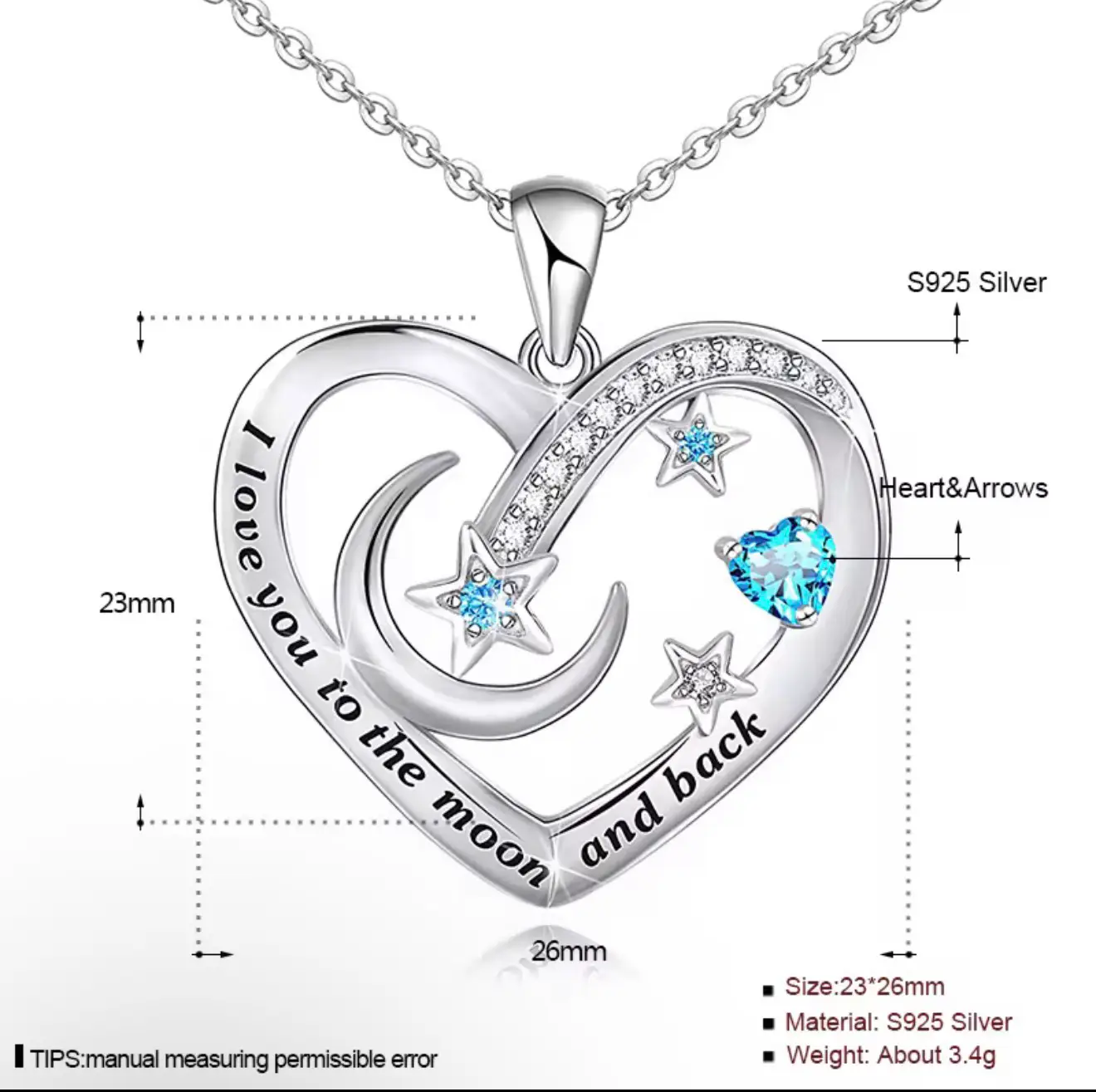 925 Sterling Silver Necklace I Love You to the Moon and Back Zirconia Heart Pendant - Image 6
