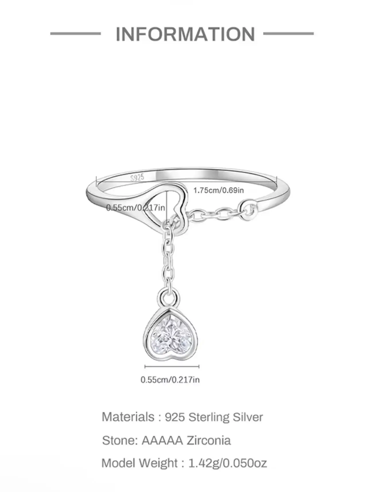 S925 Sterling Silver Adjustable Chain Ring with Heart Design - Image 3