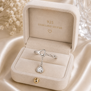 S925 Sterling Silver Adjustable Chain Ring with Heart Design