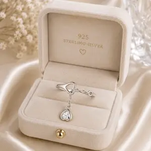 S925 Sterling Silver Adjustable Chain Ring with Heart Design