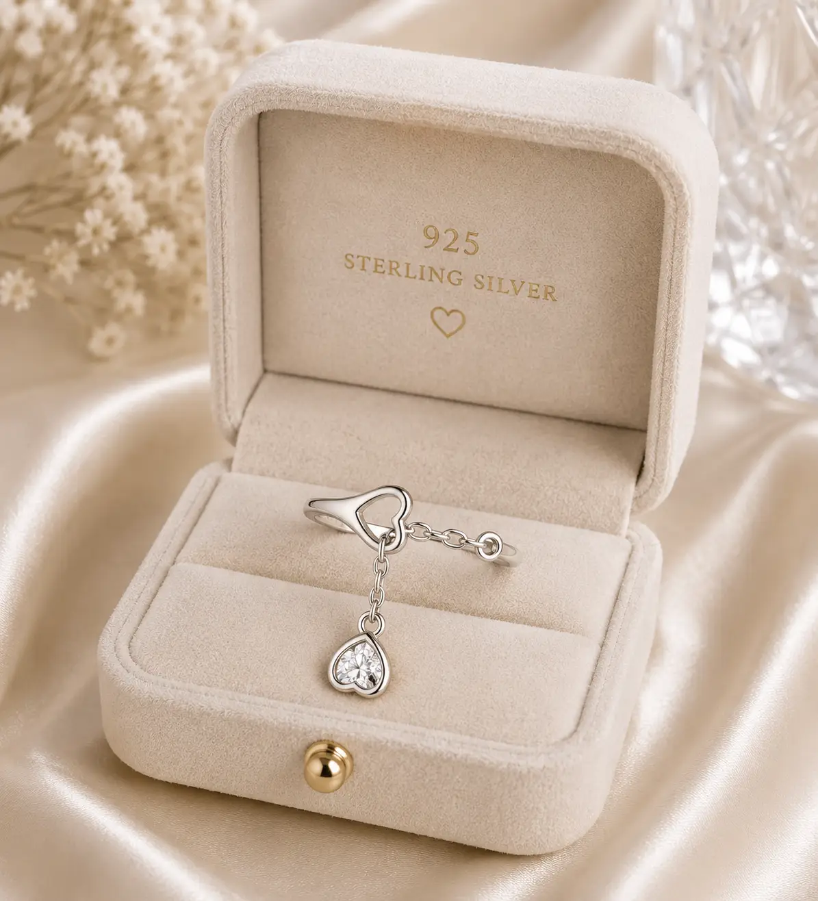S925 Sterling Silver Adjustable Chain Ring with Heart Design