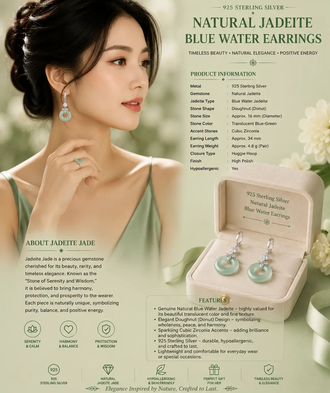 Natural Jadeitea Earrings S925 Silver Inlaid Fashion Female Accessories Jewellery - Image 2