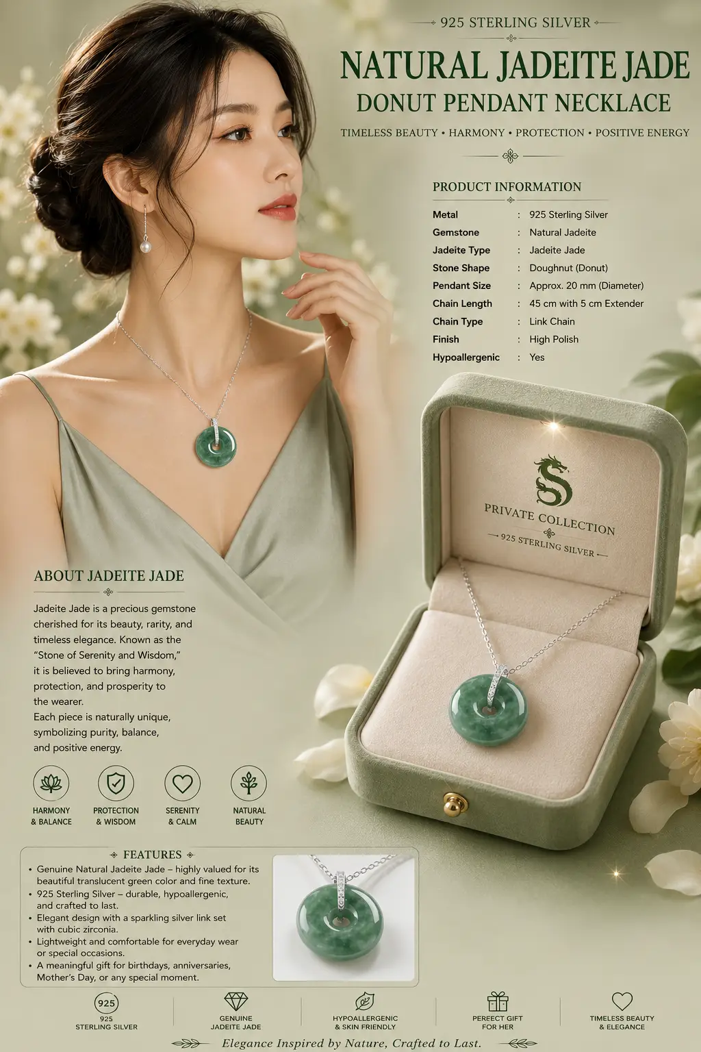 Natural Jadeite Jade Pendant Doughnut S925 Silver Inlay Fashion Simplicity Jewellery Gift - Image 2