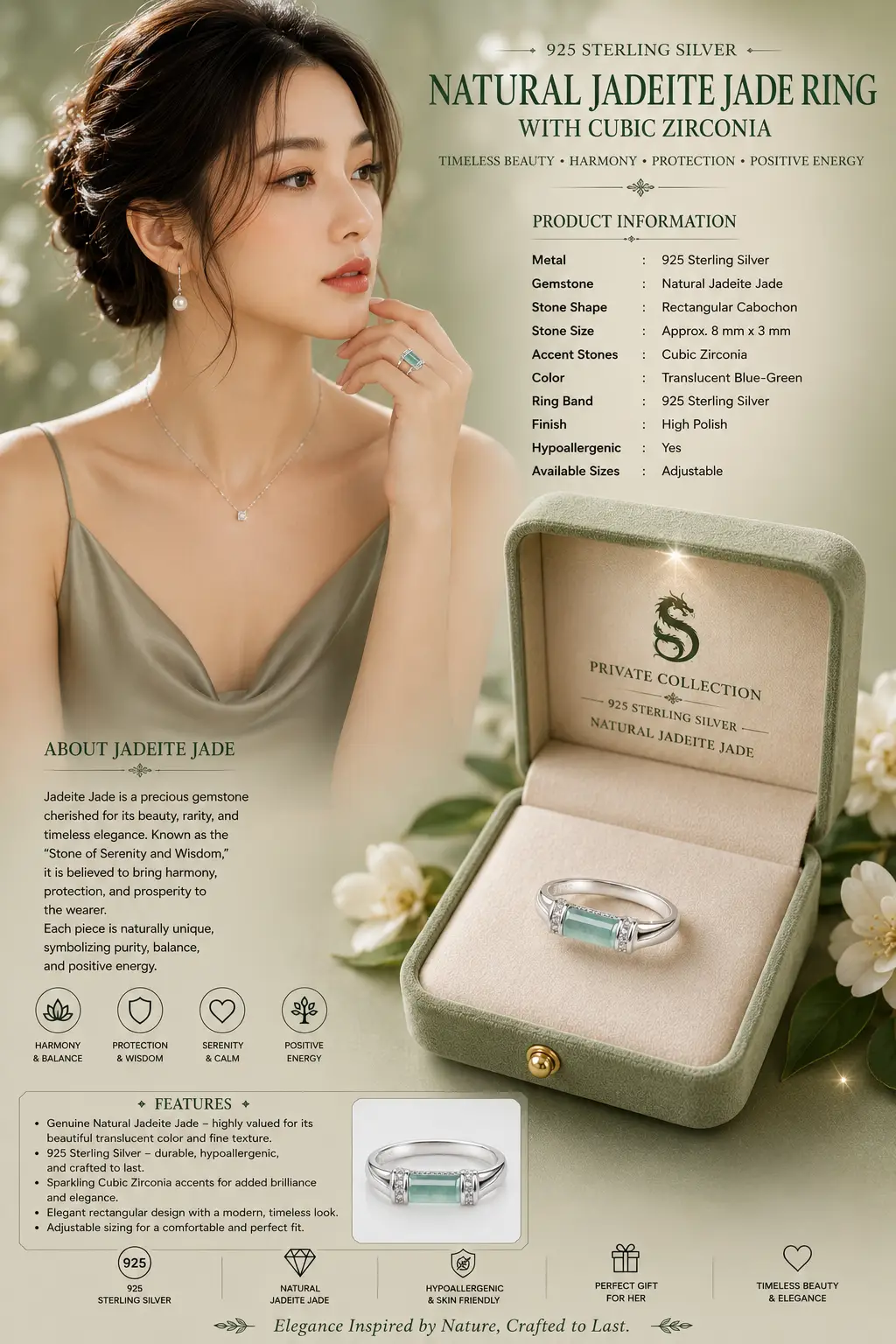 Natural Jadeite blue water ring with 925 sterling silver and CZ - Image 4