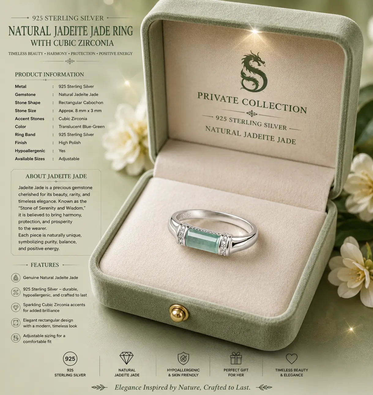 Natural Jadeite blue water ring with 925 sterling silver and CZ