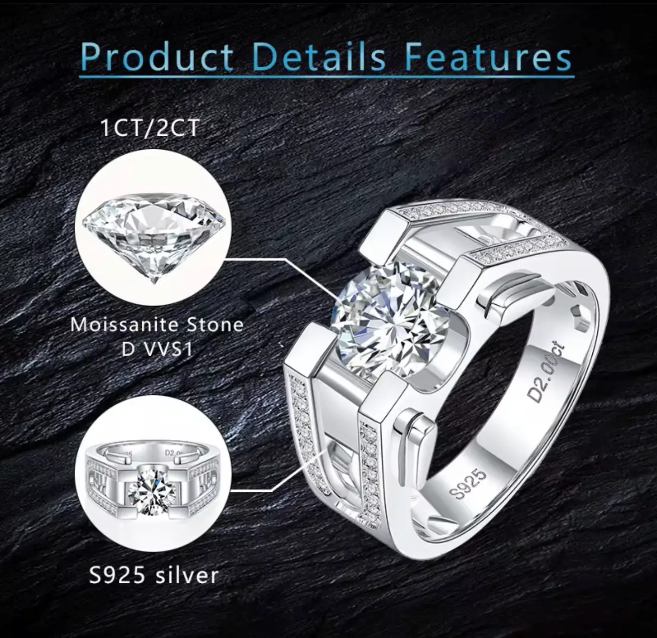 White Gold S925 Silver Rings DVVS1 Moissanite 1CT 2CT Round Shape Moissanite Stones Men Silver 925 Ring - Image 2