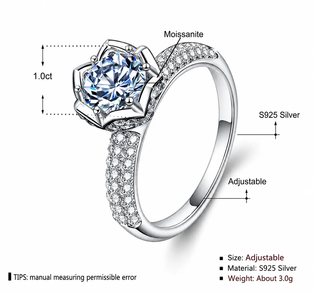2024 Classic Luxury Real Solid 925 Sterling Silver Ring 1.0Ct Moissanite Diamond - Image 3