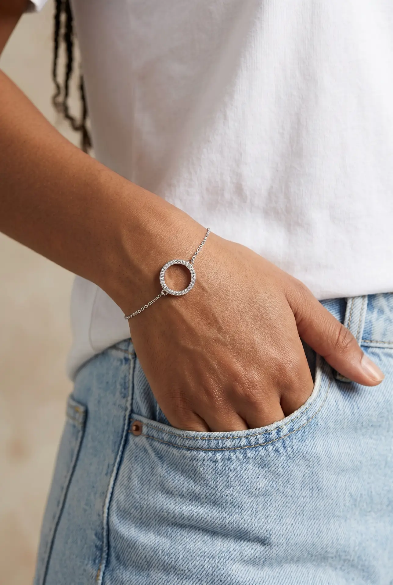 Women Sterling Silver Private Custom Engraved Zircon Rhodium Plated Trendy Chain Link Circle Charm Bracelets - Image 9