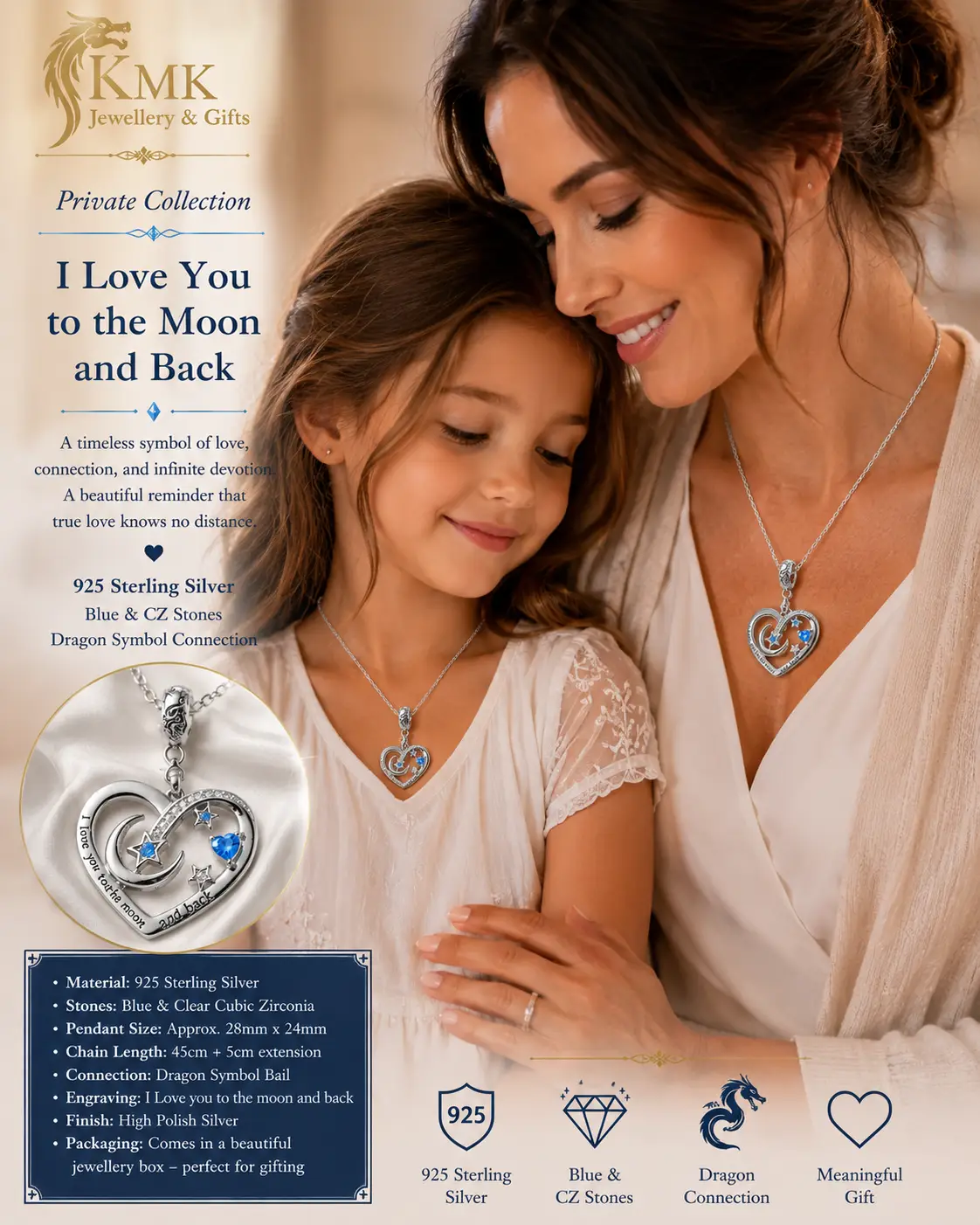925 Sterling Silver Necklace I Love You to the Moon and Back Zirconia Heart Pendant - Image 2