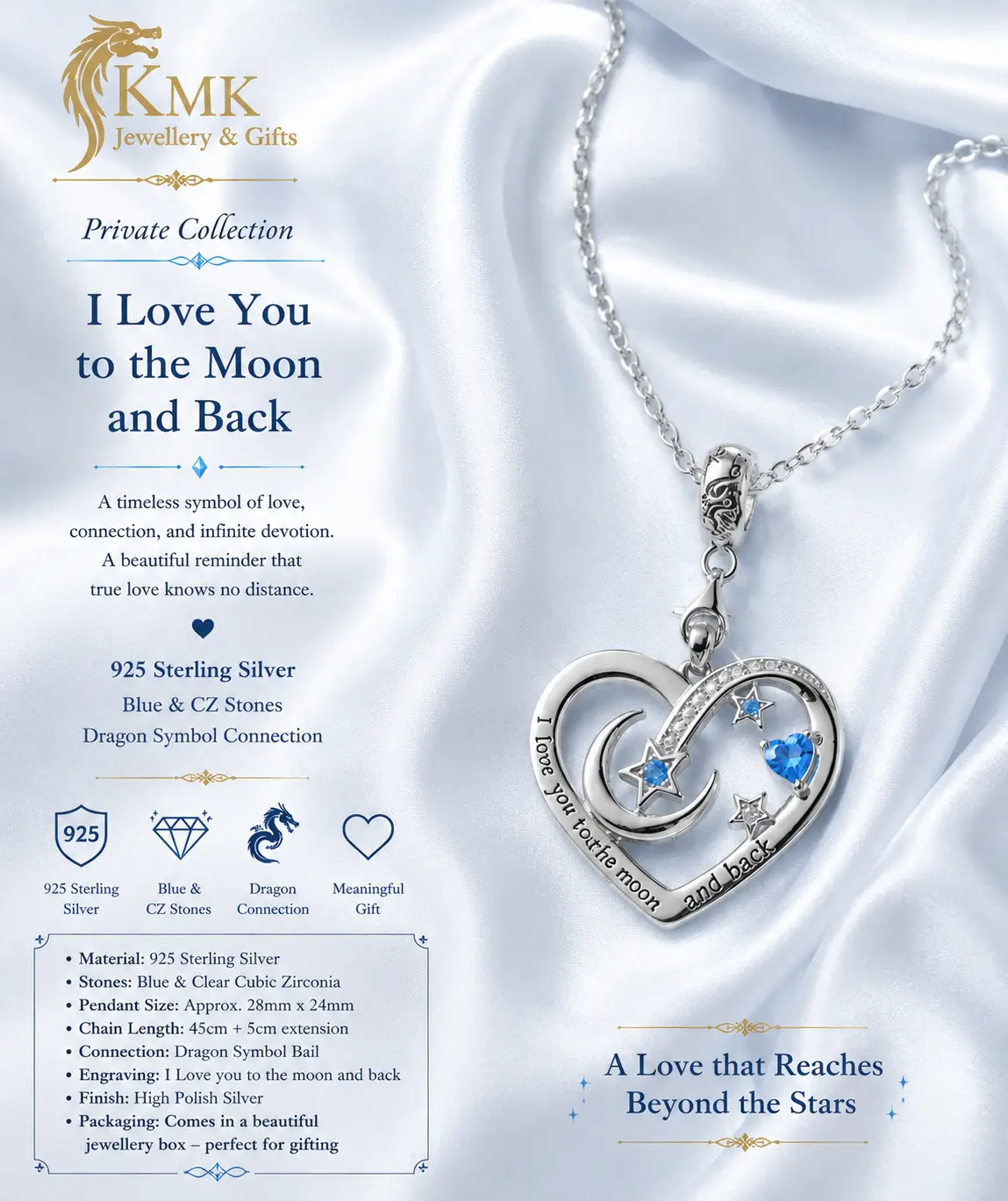 925 Sterling Silver Necklace I Love You to the Moon and Back Zirconia Heart Pendant - Image 5