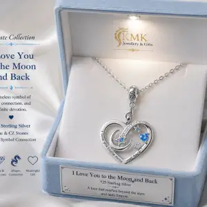 925 Sterling Silver Necklace I Love You to the Moon and Back Zirconia Heart Pendant