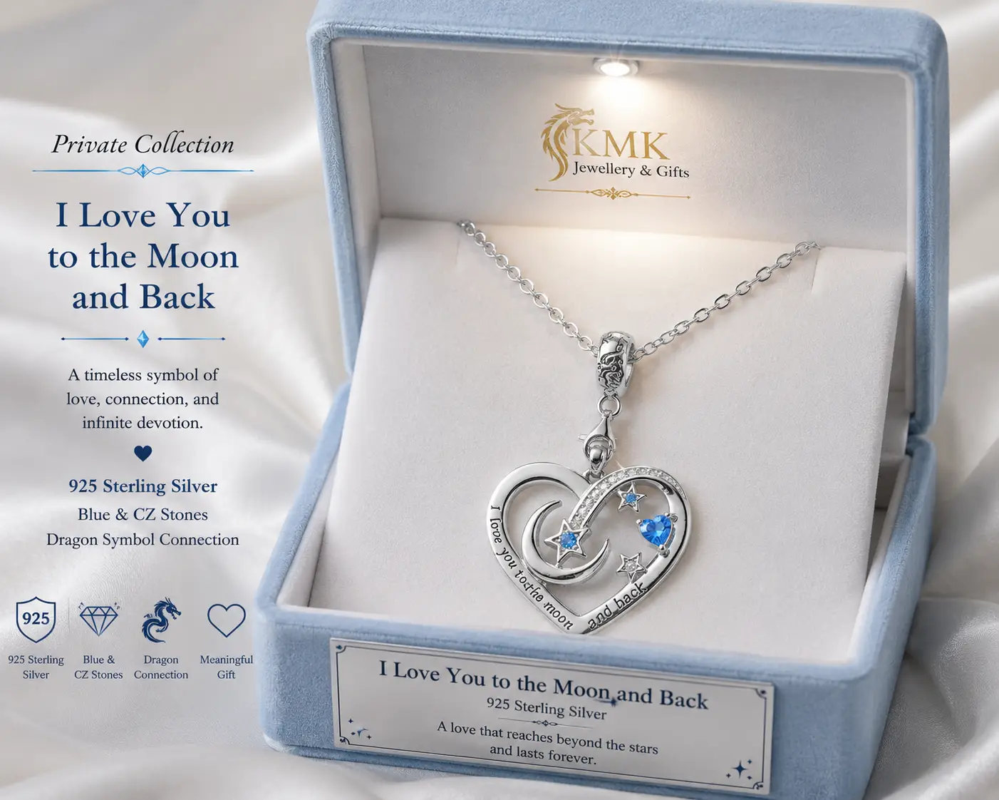 925 Sterling Silver Necklace I Love You to the Moon and Back Zirconia Heart Pendant