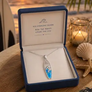925 Sterling Silver Surfboard Opal Necklace with Dolphin Pendant Surfer Gift