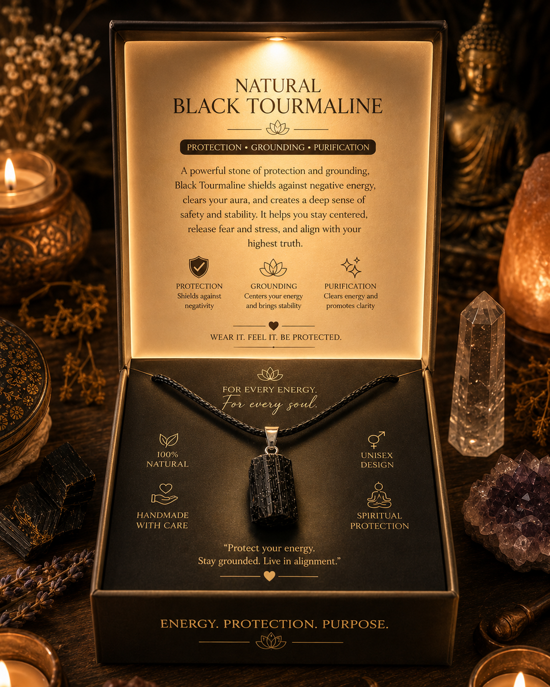 Natural Black Tourmaline Necklace Natural Stone Pendant