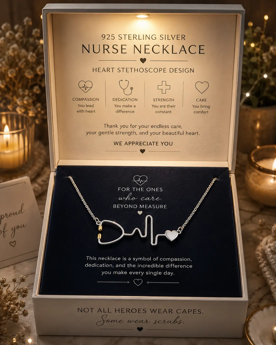 925 Sterling Silver Nurse Necklace Heart Stethoscope Nursing Jewellery