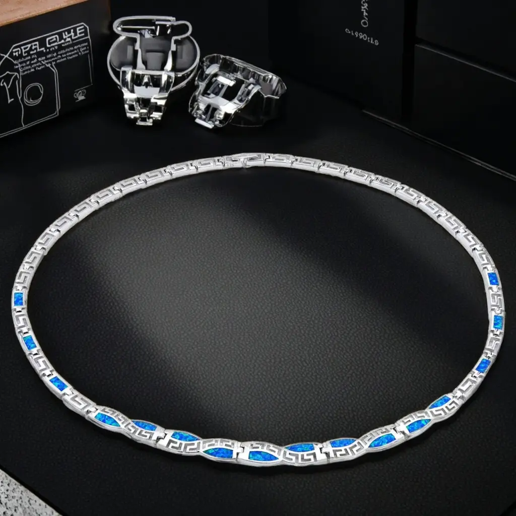 High Quality Blue Opal Greek Key Design Necklace Link Chain Fine Graecism Jewellery - Image 10