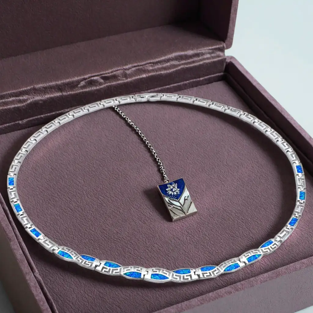 High Quality Blue Opal Greek Key Design Necklace Link Chain Fine Graecism Jewellery - Image 5