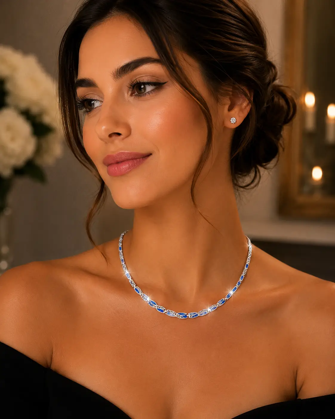High Quality Blue Opal Greek Key Design Necklace Link Chain Fine Graecism Jewellery - Image 2
