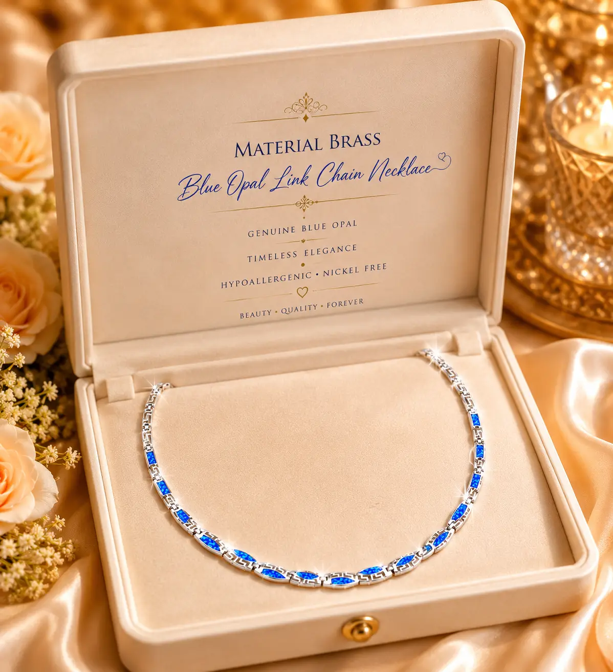 High Quality Blue Opal Greek Key Design Necklace Link Chain Fine Graecism Jewellery