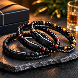 New Men Alloy Leather Strap Double Layer Tiger Eye Natural Stone Bracelet