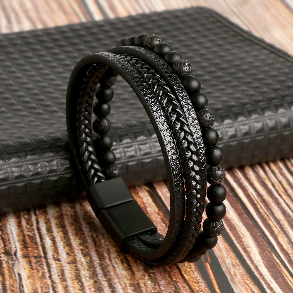 Punk Natural Stone Leather Cuff Bracelet Men Punk Multilayer Leather Wrap Bracelet Jewellery - Image 3