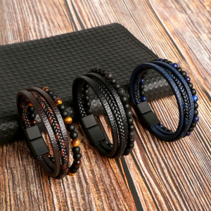 Punk Natural Stone Leather Cuff Bracelet Men Punk Multilayer Leather Wrap Bracelet Jewellery