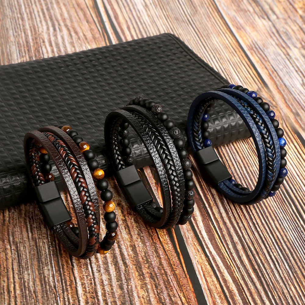 Punk Natural Stone Leather Cuff Bracelet Men Punk Multilayer Leather Wrap Bracelet Jewellery