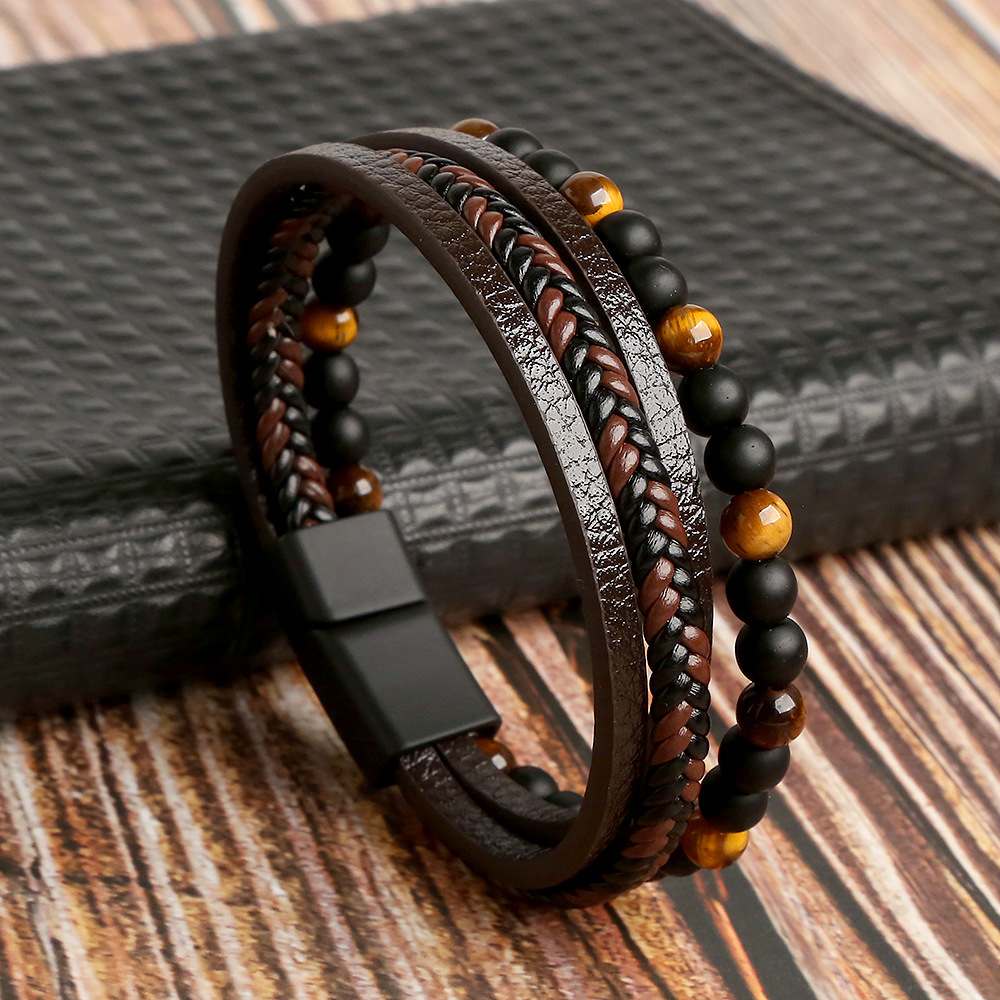 Punk Natural Stone Leather Cuff Bracelet Men Punk Multilayer Leather Wrap Bracelet Jewellery - Image 2