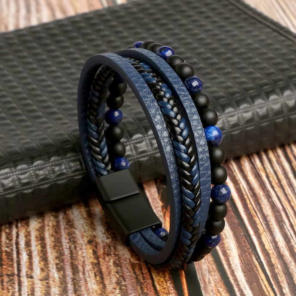 Punk Natural Stone Leather Cuff Bracelet Men Punk Multilayer Leather Wrap Bracelet Jewellery - Image 4