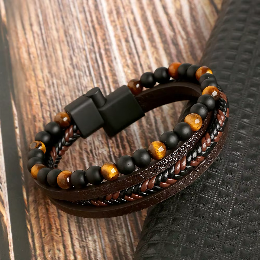 Punk Natural Stone Leather Cuff Bracelet Men Punk Multilayer Leather Wrap Bracelet Jewellery - Image 6