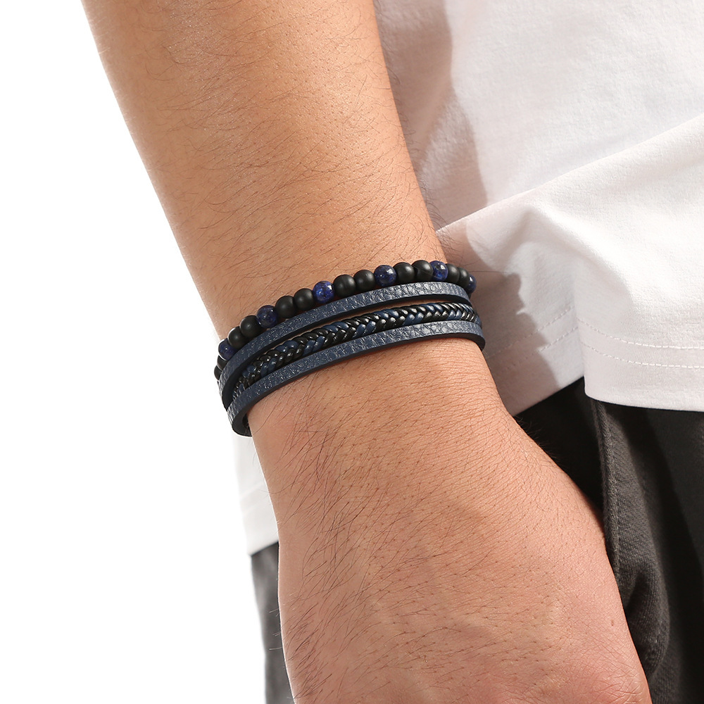 Punk Natural Stone Leather Cuff Bracelet Men Punk Multilayer Leather Wrap Bracelet Jewellery - Image 5