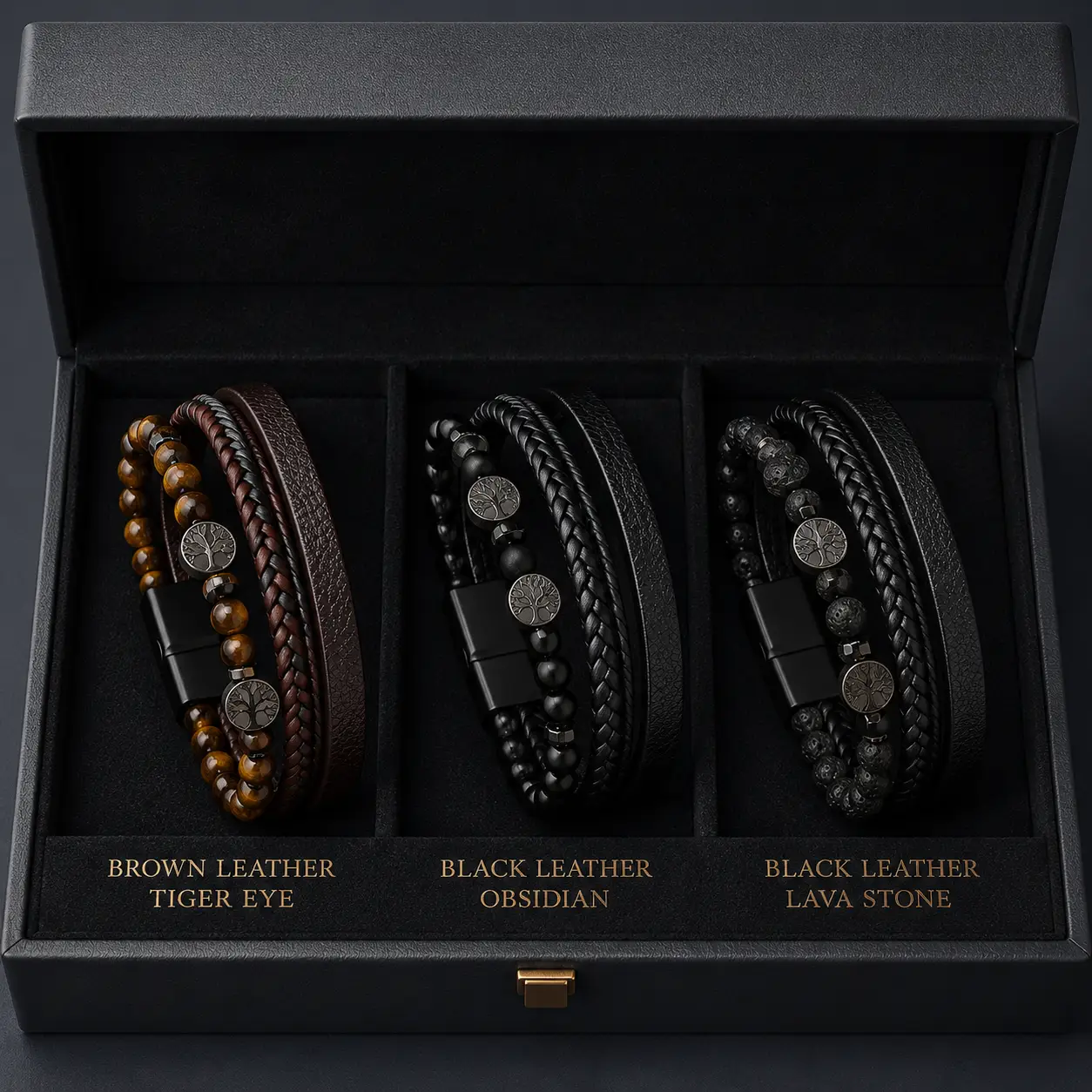 Magnetic Clasp Handmade Woven Men's Leather Bracelet Tree Life Beaded Bracelet with Natural Tiger Eye Lava Stone - Image 9